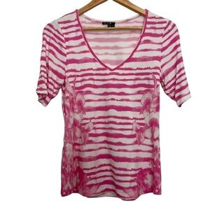 Bylyse t-shirt short sleeve Vneck pink white stripes dye lightweight small